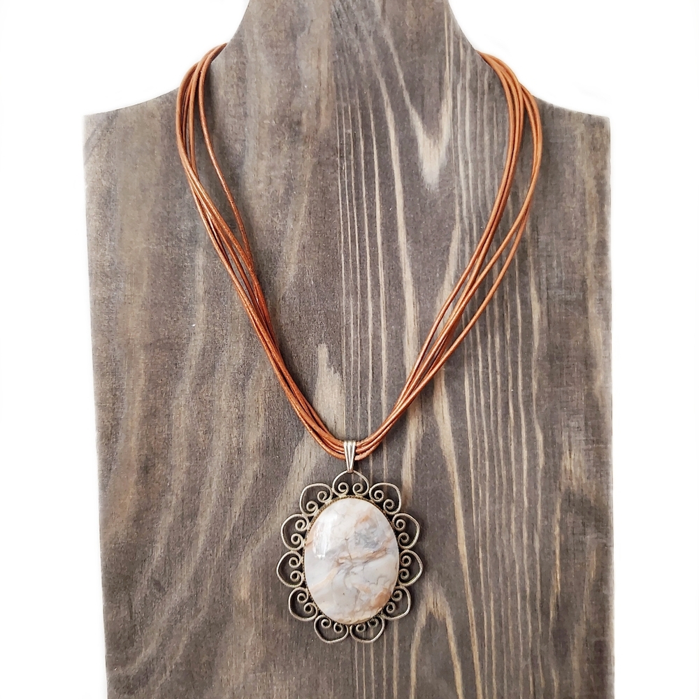 Polished Stone With Silver Tone Setting and Leather Corded Multi-Strand Necklace